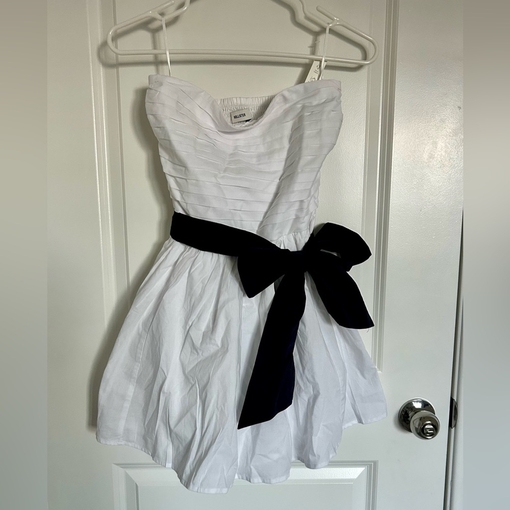 White Strapless Dress with Navy Bow